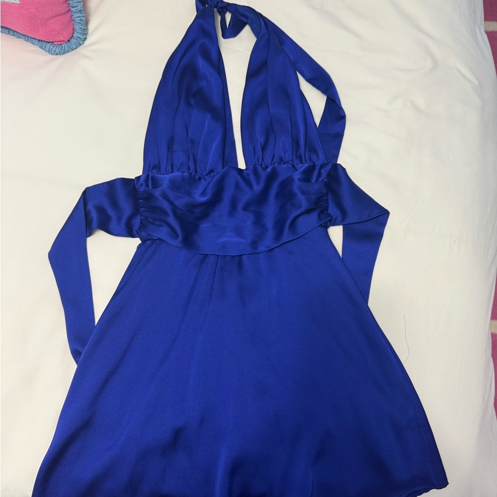 Lucy in the Sky Satin Halter A-line dress in Blue